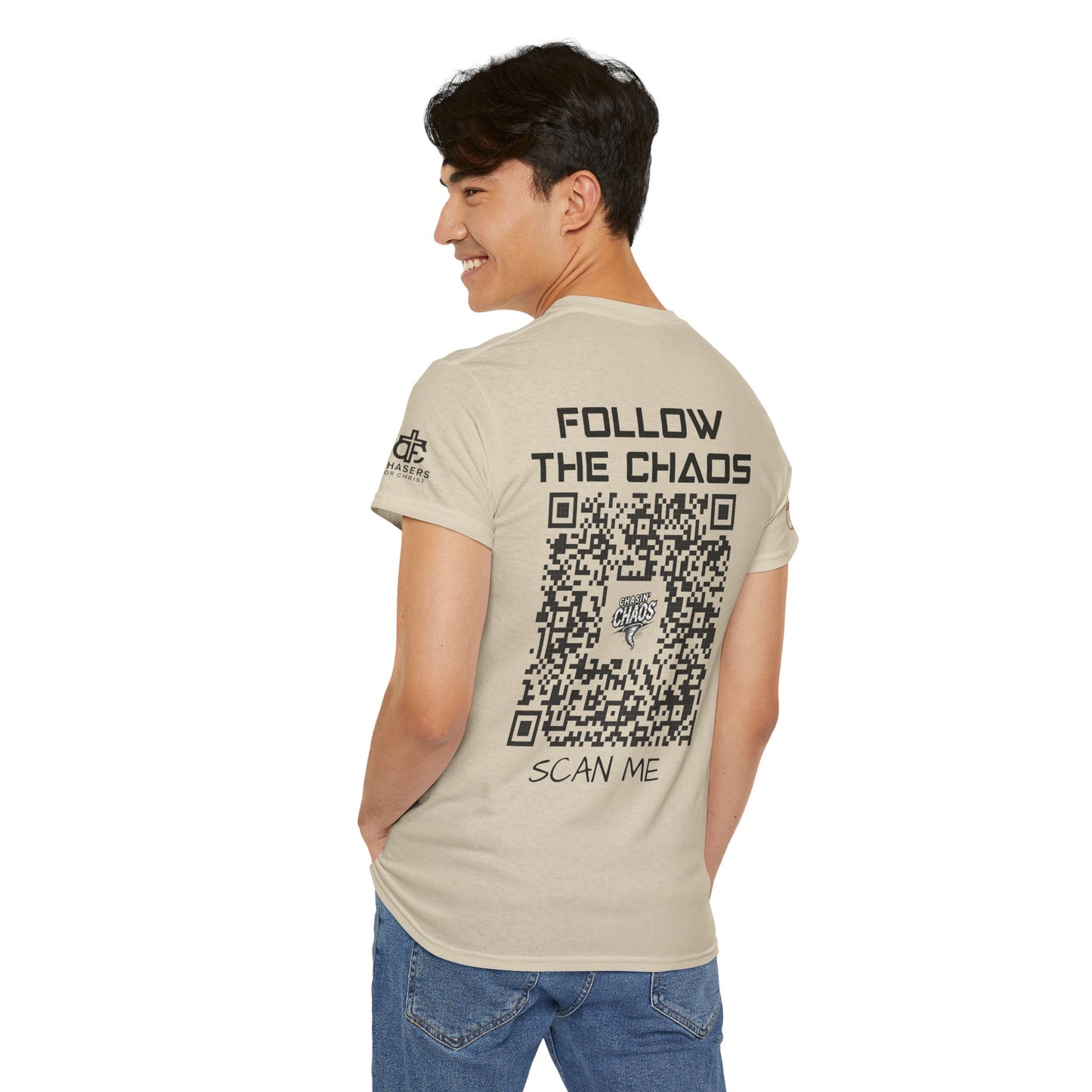 Chaos Storm Team Tee, Unisex Cotton T-Shirt for Storm Chasers, Adventure Shirt, Trending QR Code Apparel, Gift for Weather Enthusiasts