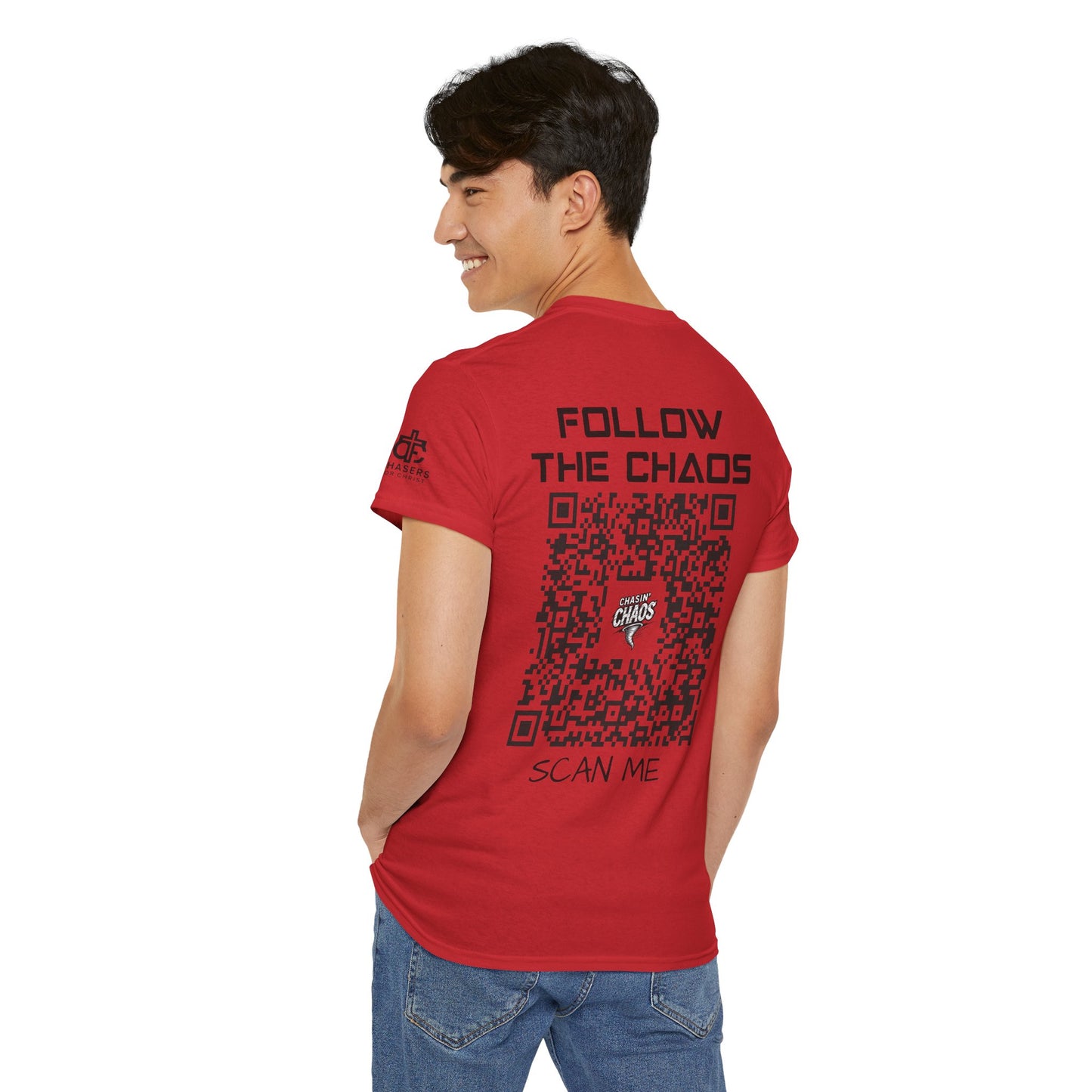 Chaos Storm Team Tee, Unisex Cotton T-Shirt for Storm Chasers, Adventure Shirt, Trending QR Code Apparel, Gift for Weather Enthusiasts
